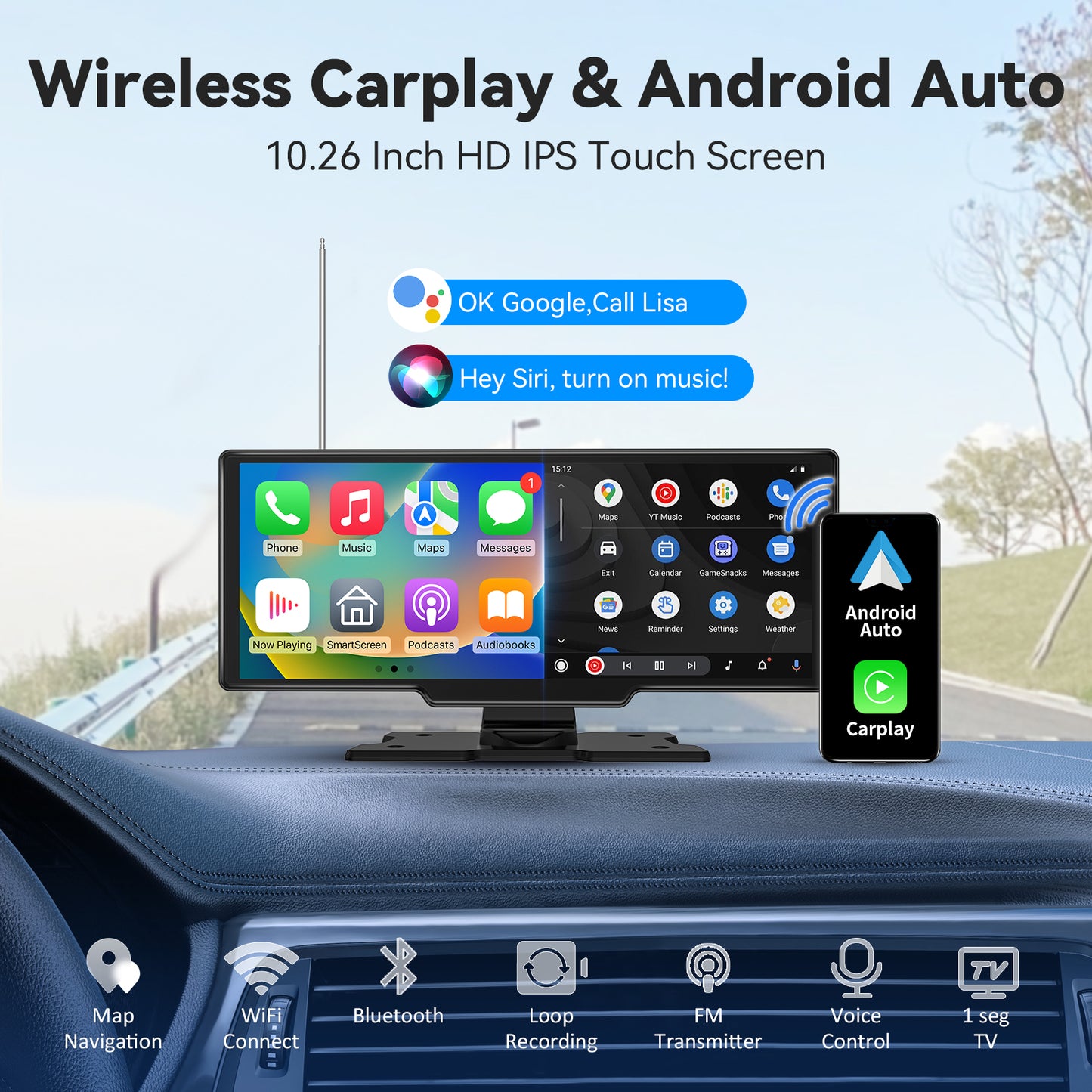 P2:1-seg TV Portable Android & CarPlay Touch Screen for Cars