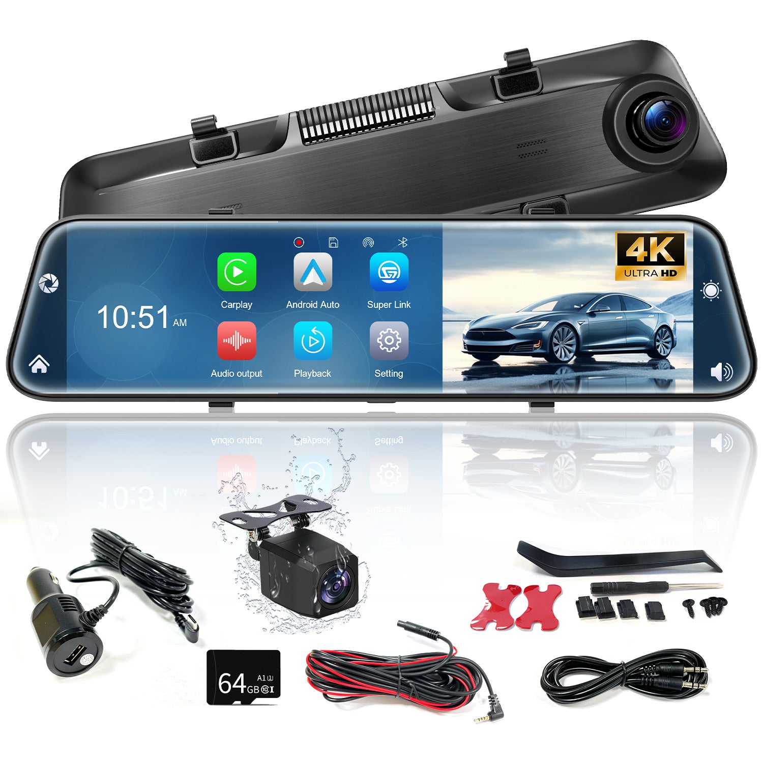10-Inch Touch Screen Smart Rear View Mirror - Android 8.1, Backup Camera, DVR Dash Cam, 1080p, 6-Month Warranty
